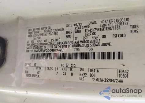 2013 Ford E-250 Commercial из США, поврежденный, VIN 1FTNE2EW0DDB03420